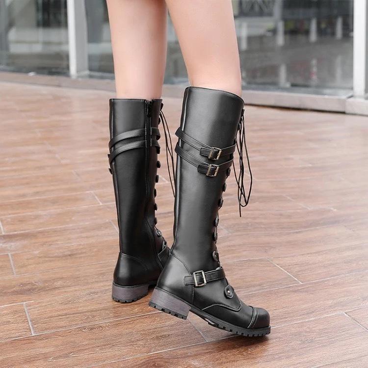 New Knight Boots Women's Low Heel Flat Bottom Round Head Belt Buckle Cross Strap Long Boots Women