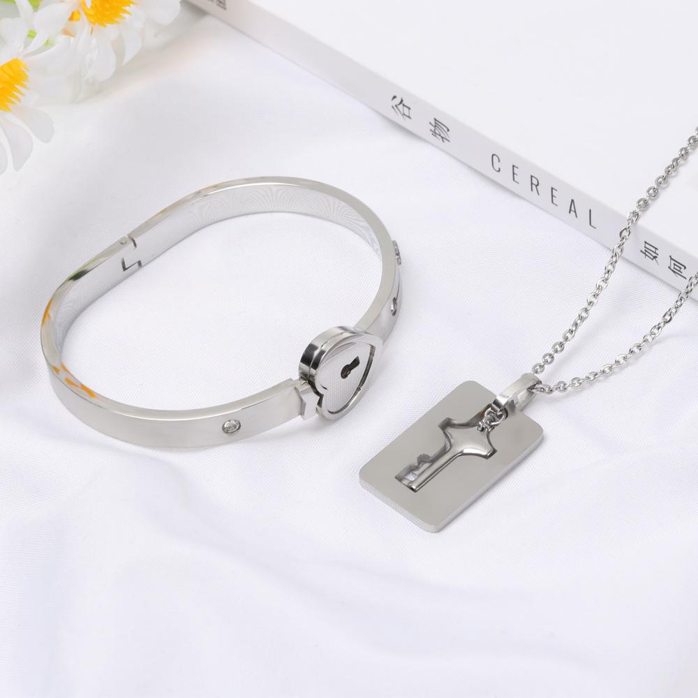 New Men and Women Jewelry Concentric Lock Key Bracelet Necklace Steel Stainless