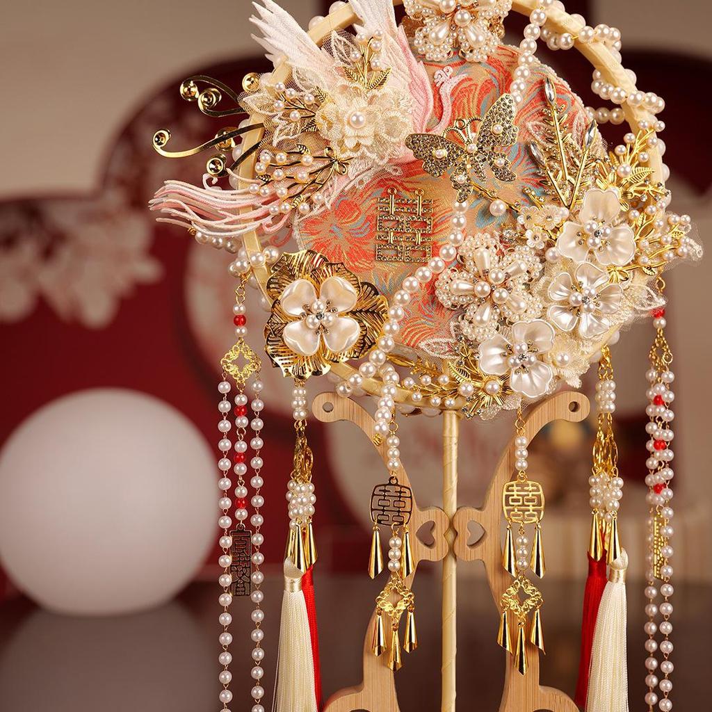 Long Handle Xiuhe Wedding Veil Fan - Handmade Double-Sided Round Fan Gift