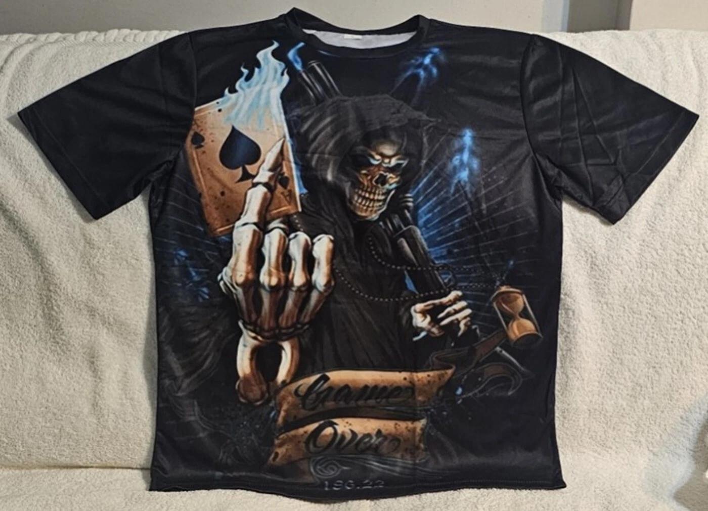 

GRIM REAPER ACE SPADES CARD FLAME GUN GAME OVER SKULL HORROR SCARY T-shirt S