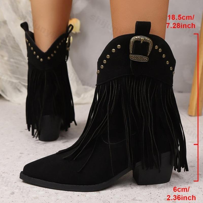 Fashion Women Ankle Boots Autumn 2025 Suede Chelsea Boots Pointed Toe Tassel High Heel Shoe Rivet Fashion Retro Cowboy Boots Botas Mujer