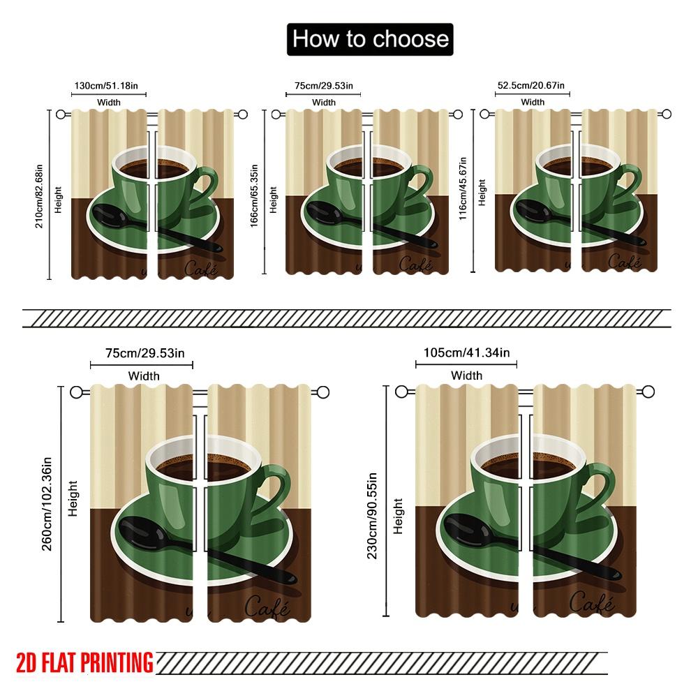 2pcs 2D flat printing Curtain Green Coffee Cup Spoon Fabric Without Electricity All Season Party & Holiday Decor Perfect for