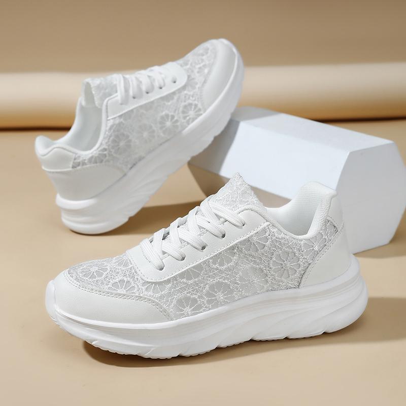 TUINANLE Bequeme Damen weiße flache Schuhe Spitzendesign Atmungsaktiv Leichtgewichtige Freizeit-Sneaker