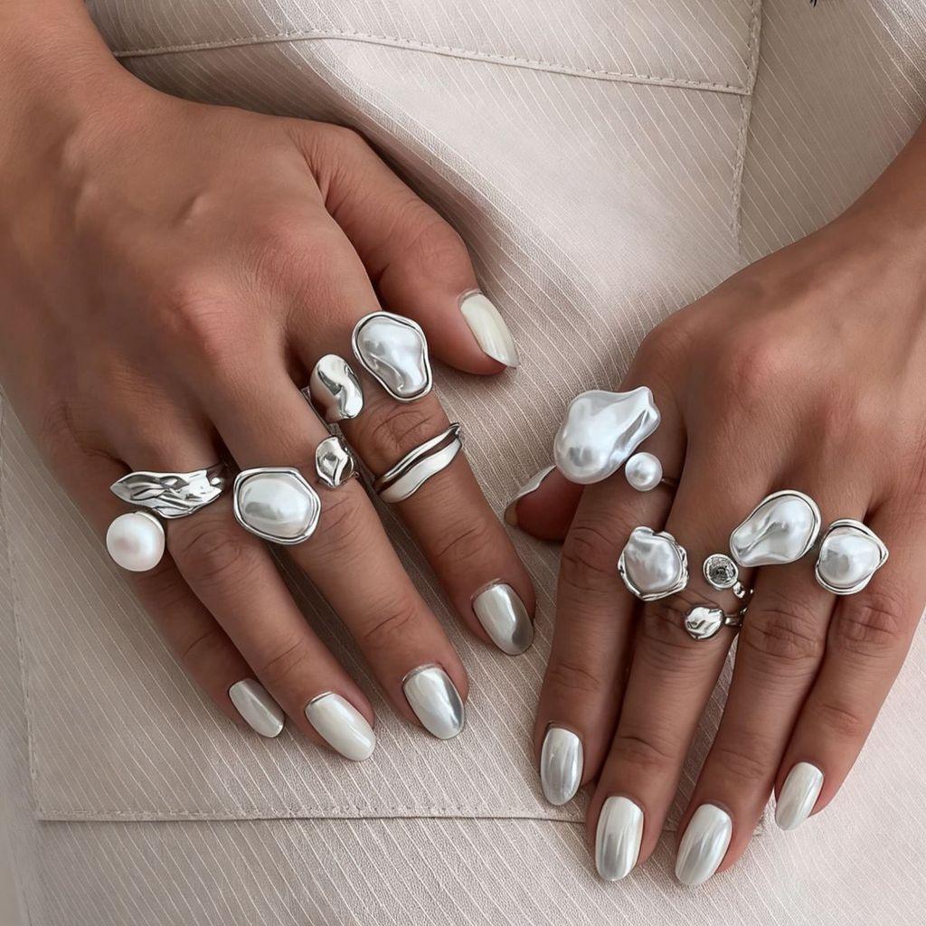 Pearl Ring Set For Women Geometric Vintage Baroque Design With Electroplated Finish For Fashion Jewelry