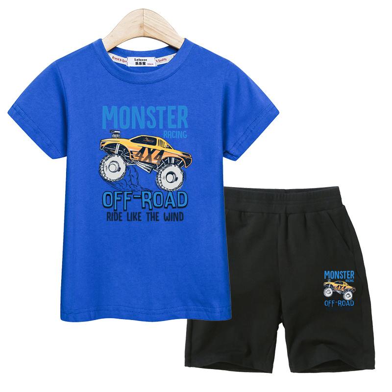 Set Abbigliamento Estivo per Bambini Camicia Monster Truck Pantaloncini Sportivi Costumi a Manica Corta per Bambini Outfit 2 Pezzi