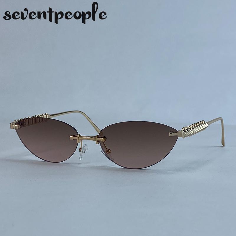 Small Frame Sexy Cat Eye Sunglasses Women  Luxury Brand Trendy Steampunk Rimless Sun Glasses Vintage Metal Punk Shades UV400