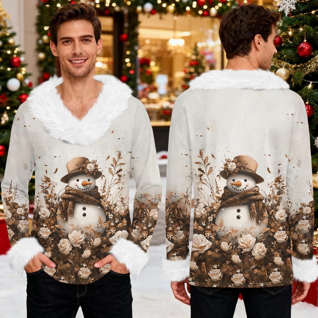 Męska bluza z kapturem z nadrukiem świątecznym, podszyta polarem | Sweter imprezowy z imitacją obszycia i kieszenią | Duży rozmiar, luźny krój, świąteczny pulower