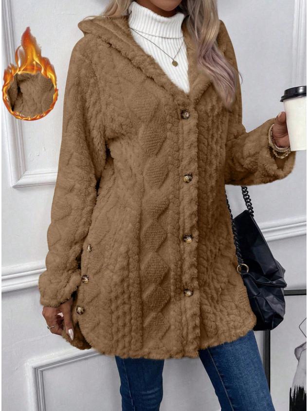 2025 Autumn/Winter Women's Warm Plush Hooded Cardigan - Button-Up Solid Color Coat