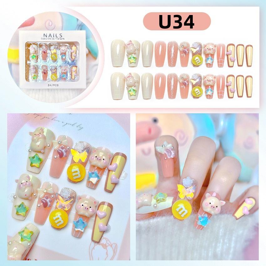 White Blue Color 3D Rabbit Star Rhinestone Designs-Full Cover Acrylic False Nails for Women and Girls Detachable Long Fake Nails