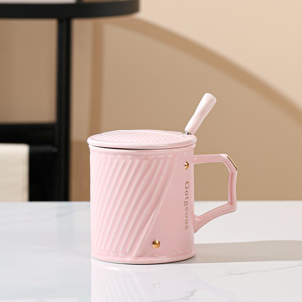 Personality Simple Embossed Light Luxury Twill Office Water Cup Ceramic Mug with Lid Spoon Household Mug Large Capacity