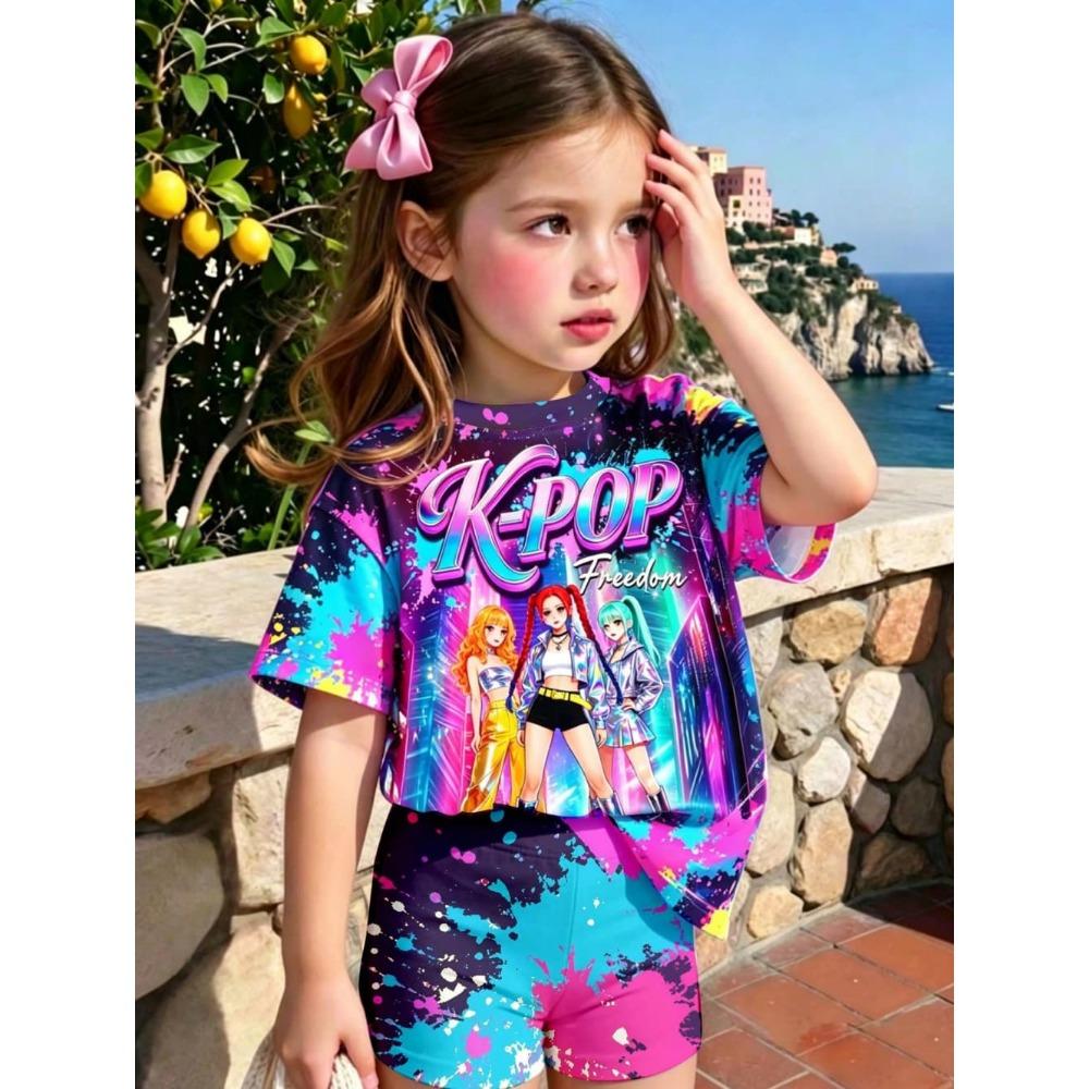 K-Pop-Cartoon-Grafik-T-Shirt- und Hosen-Set für Mädchen, Sommerkleidung für Mädchen, süßes Kurzarm-Set, Kinder-T-Shirt- und Shorts-Set