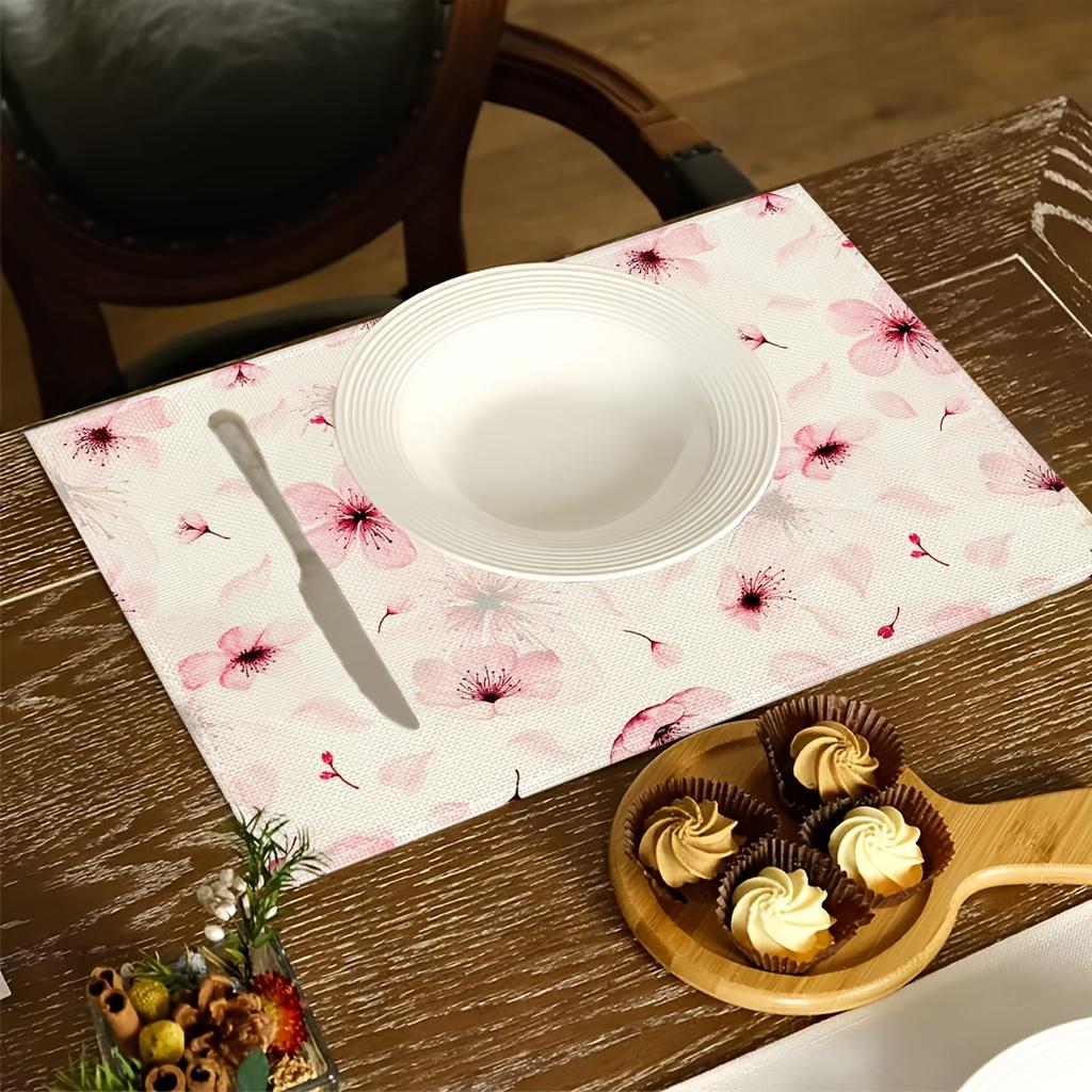 4pcs Cherry Blossom Placemats – Watercolor Pink Floral, Washable Polyester Table Mats for Spring Dining & Home Decor