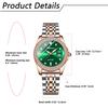 Watch with Luminous 3ATM Water Stainless Rose Gift for Her Women's Antique-Style Analog, Calendar, Resistance, Rhinestones, Steel, Gold, Green,