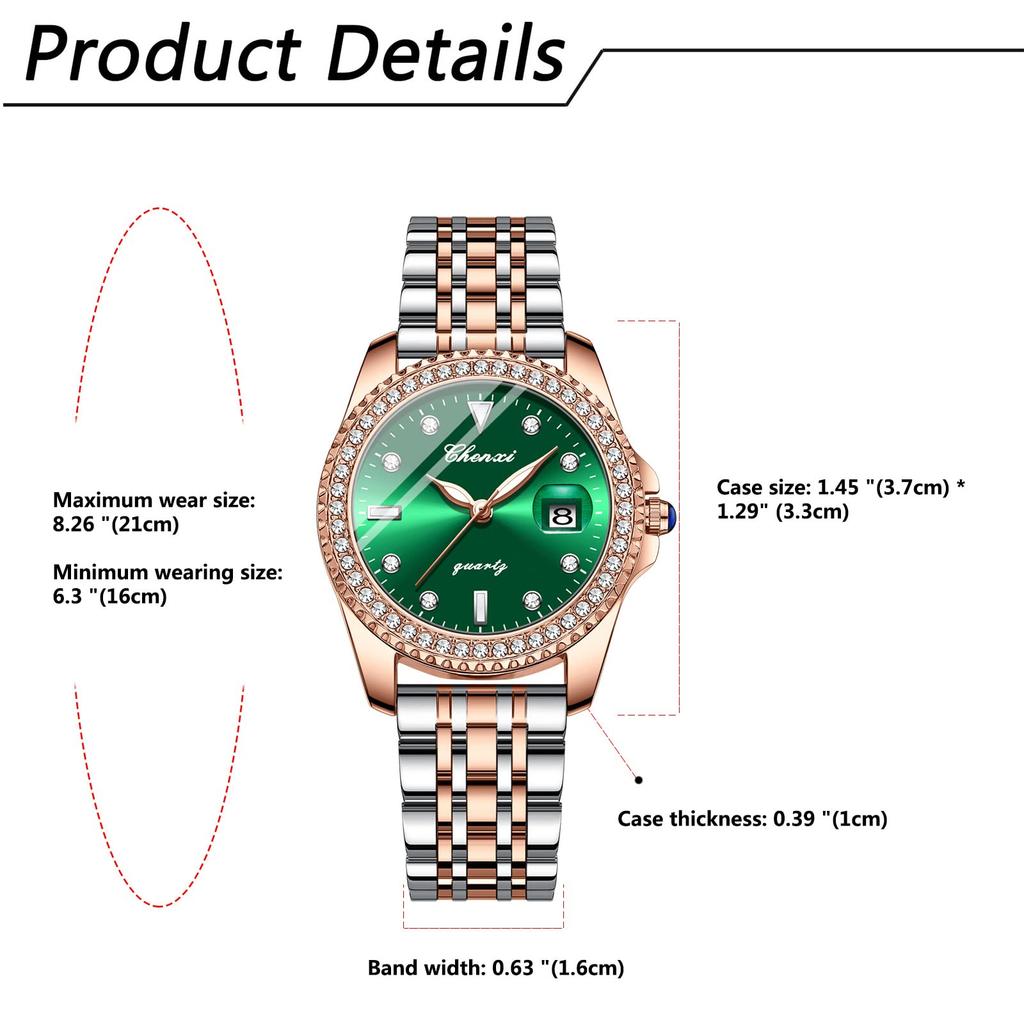 Watch with Luminous 3ATM Water Stainless Rose Gift for Her Women's Antique-Style Analog, Calendar, Resistance, Rhinestones, Steel, Gold, Green,