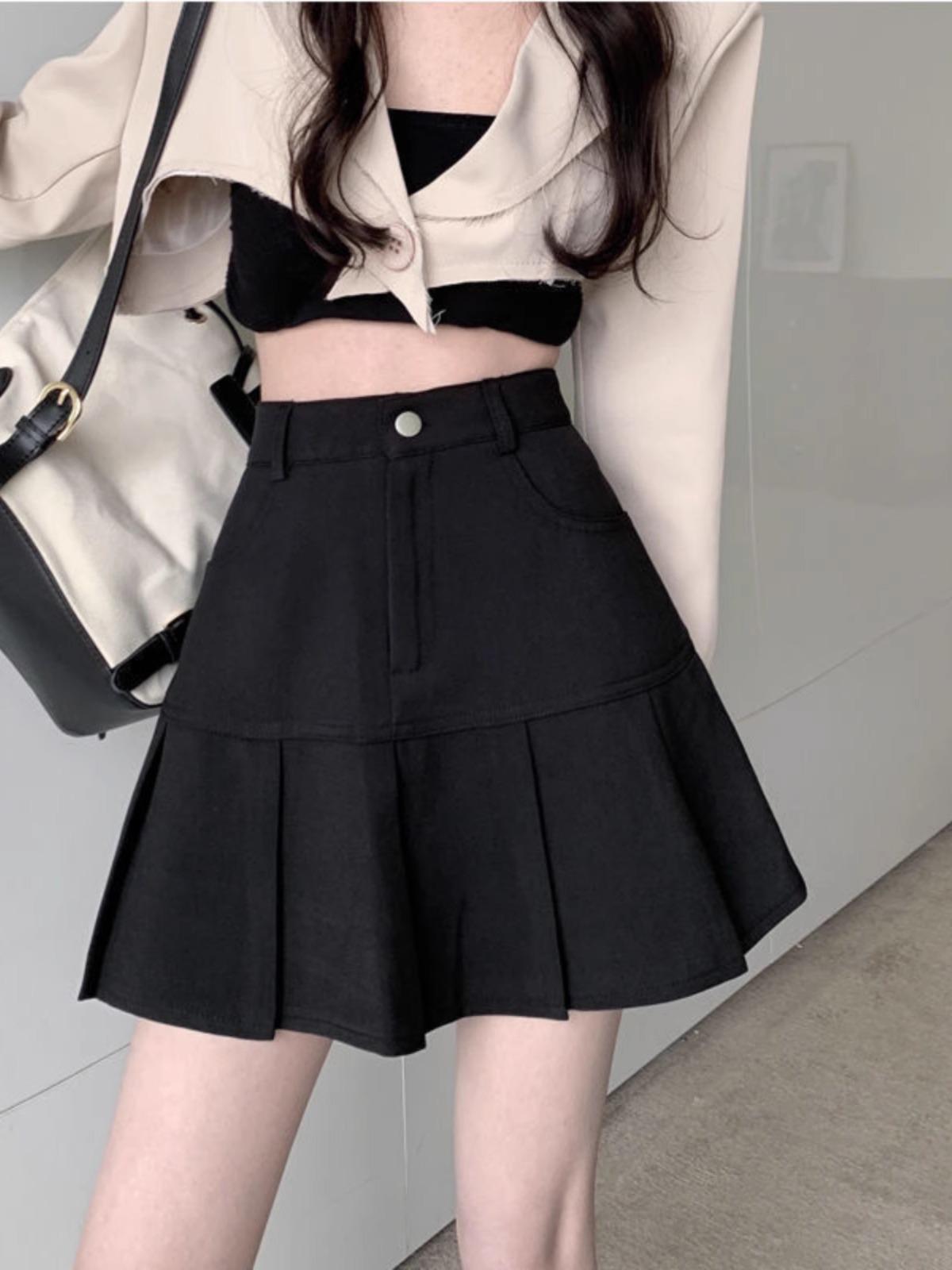 

Женская летняя мини-юбка трапециевидной формы с высокой талией и складками 2024 года 4XL чёрный