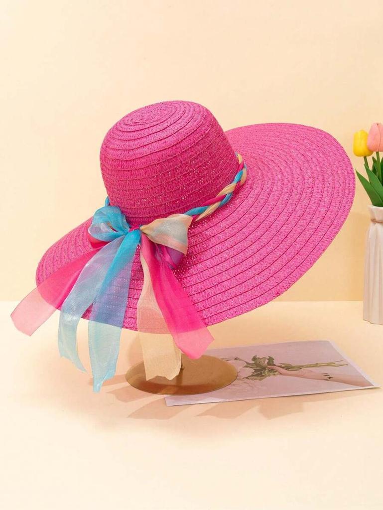 Womens Wide Brim Straw Sun Hat With Bow Decor Casual Beach Hat