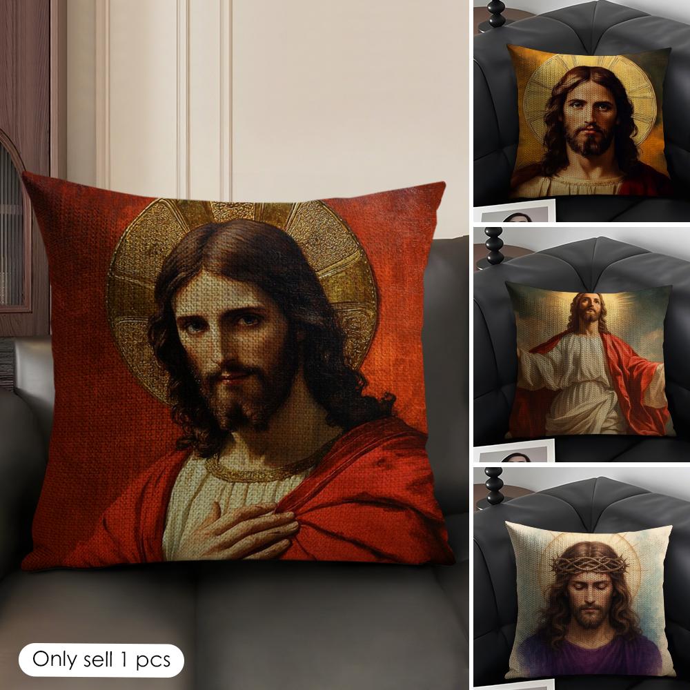 Jesus Christ Portrait Cushion Cover Natural Linen Organic Fabric DoubleSided Printing Sofa Home Decor Gift Pillow Case