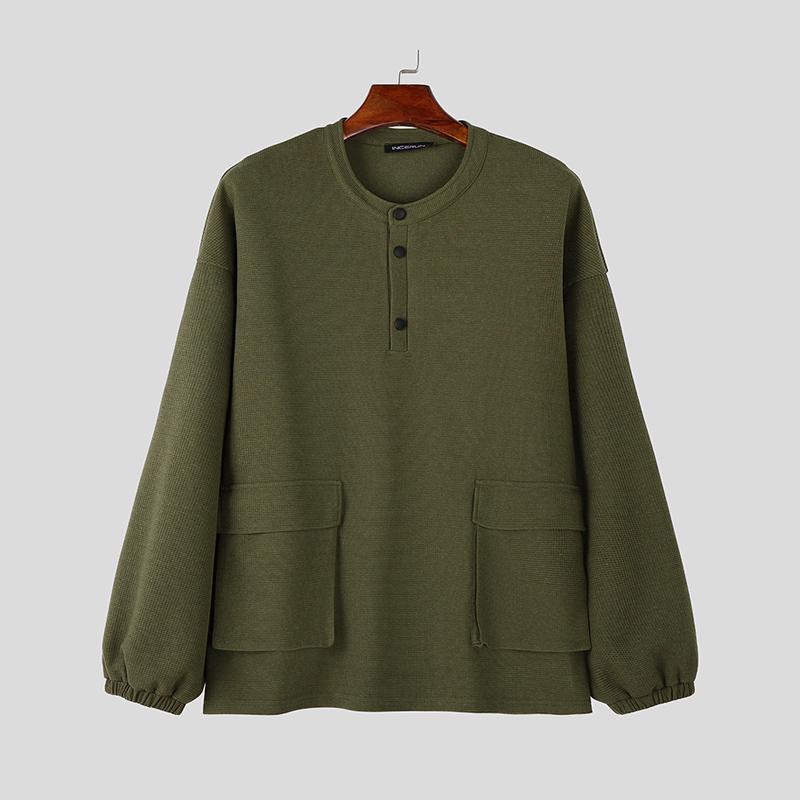 

INCERUN Чоловічі пуловери великого розміру з круглим вирізом і однотонними текстурами з довгим рукавом. Повсякденні вільні топи L армія зелений колір