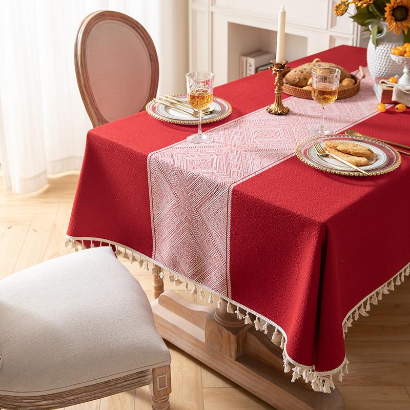 Red Wedding Festive Christmas Day Jacquard Retro Fringed Tablecloth Coffee Table Cloth Dining Table Cloth Cover Towel