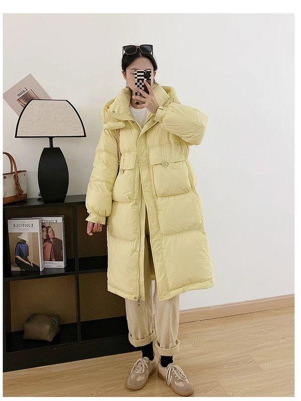 Damen Daunenjacke im koreanischen Stil, mittellang - mit Kapuze, tailliert, lockere Passform, überknielang, dicker Wintermantel.