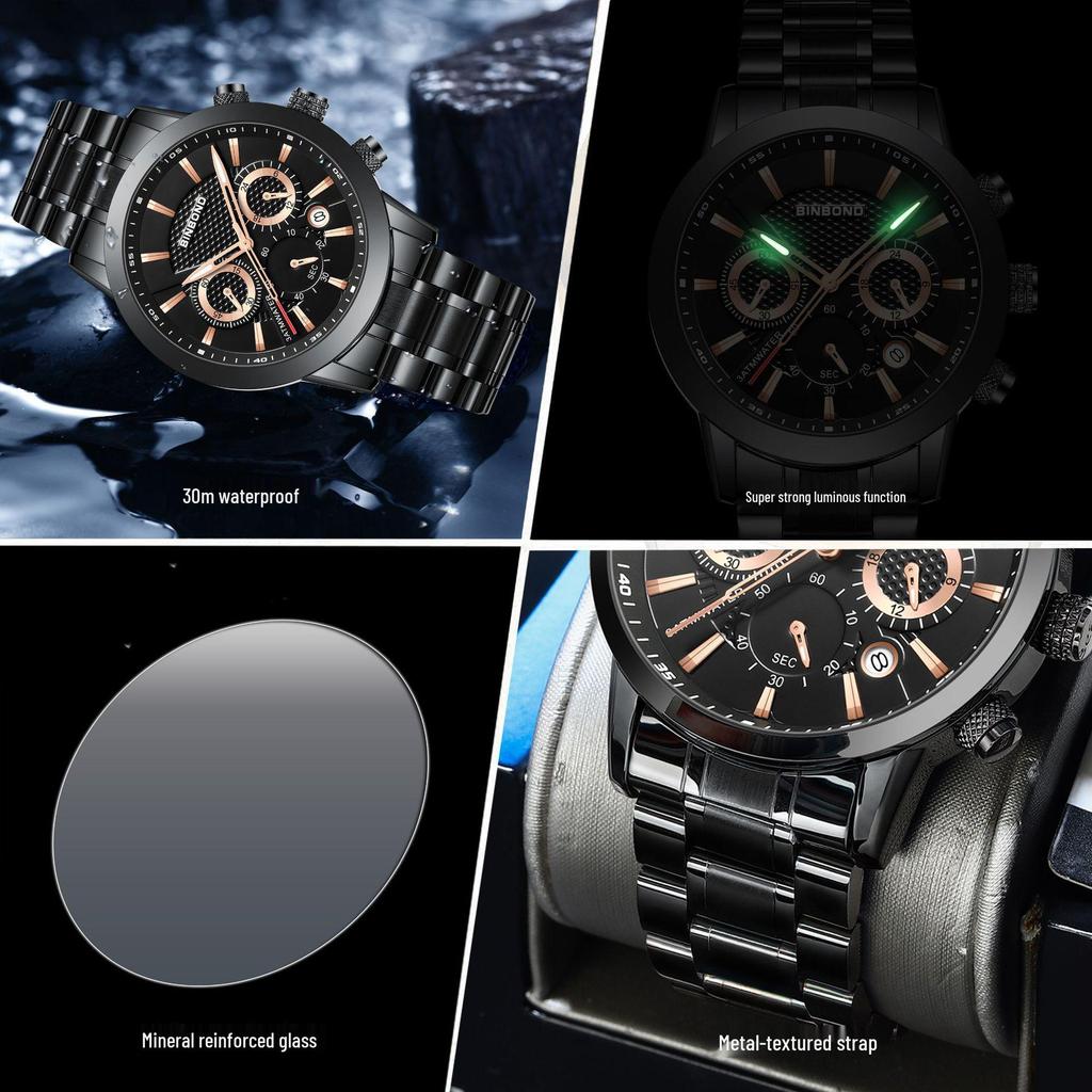 BINBOND Men's Waterproof Quartz Sports Watch with Steel Strap and Dual Eye Multifunction.