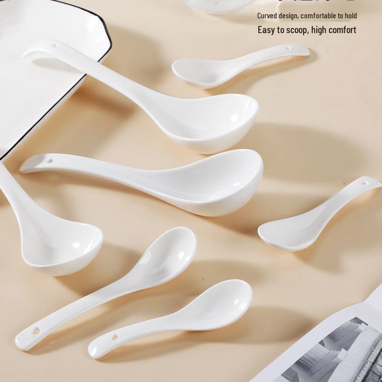 Pure White Ceramic Soup and Condiment Spoons, Extended Handle, Set of 100