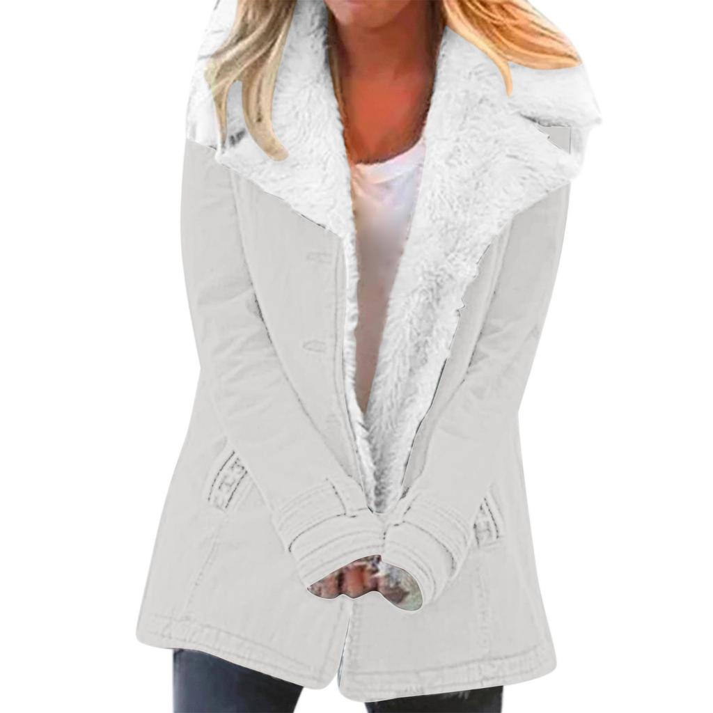 Women's Lapel Sherpa Lined Denim Jacket Straight Fit Urban Style Warm Fleece Winter Outer Coat