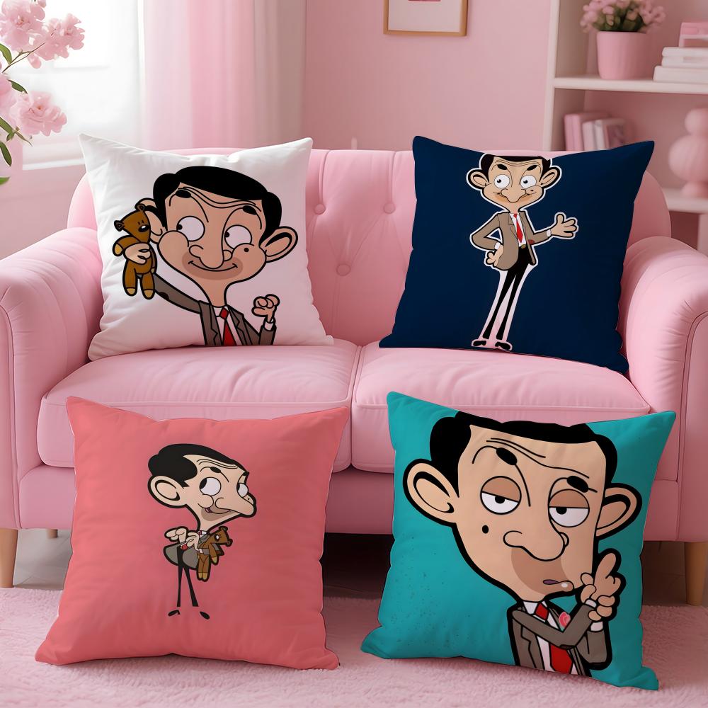 M-Mr. Beans Cartoon Pillow Case Plush Fabric Soft Double-Sided Printed Sofa Warm Winter Home Gift Cushion Cover
