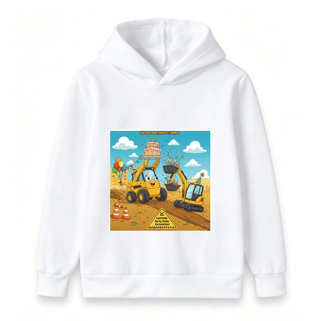 Kids Happy Birthday Construction Truck Hoodie Cartoon Excavator Skid Steer Print Pullover for Boys Girls Casual Party Sweatshirt