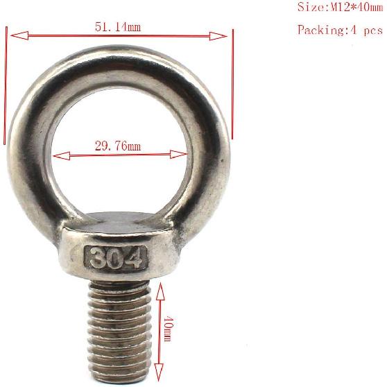 304 Stainless Steel M12 Lifting Rigging Eyebolt Ring Shaped with Lengthened Thread(40mm) Pack of 4 Pcs