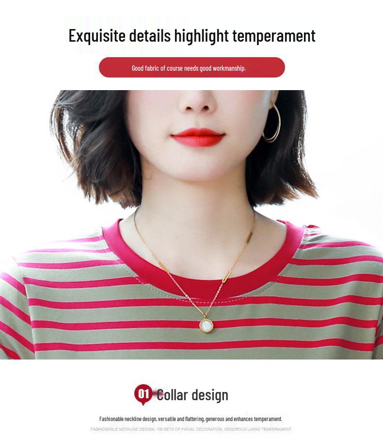 Plus Size Women's Striped Long-Sleeve Cotton T-Shirt for Moms - Autumn Wear