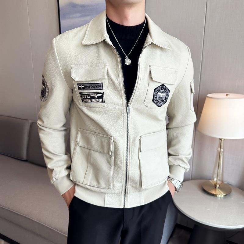 

Leather Jacket for Men Spring Korean Style Slim Lapel Casual Green Leather Jacket Trendy Slim Motorcycle Jacket for Men 5XL