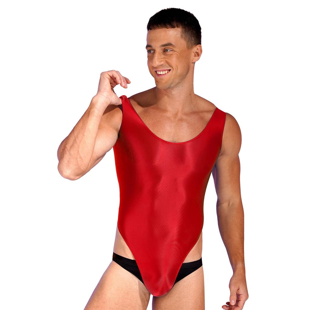 Mens High Cut Sleeveless Bodysuit Glossy Backless Leotard One-Piece Swimsuit Yoga Fitness Swimming Performance Wear