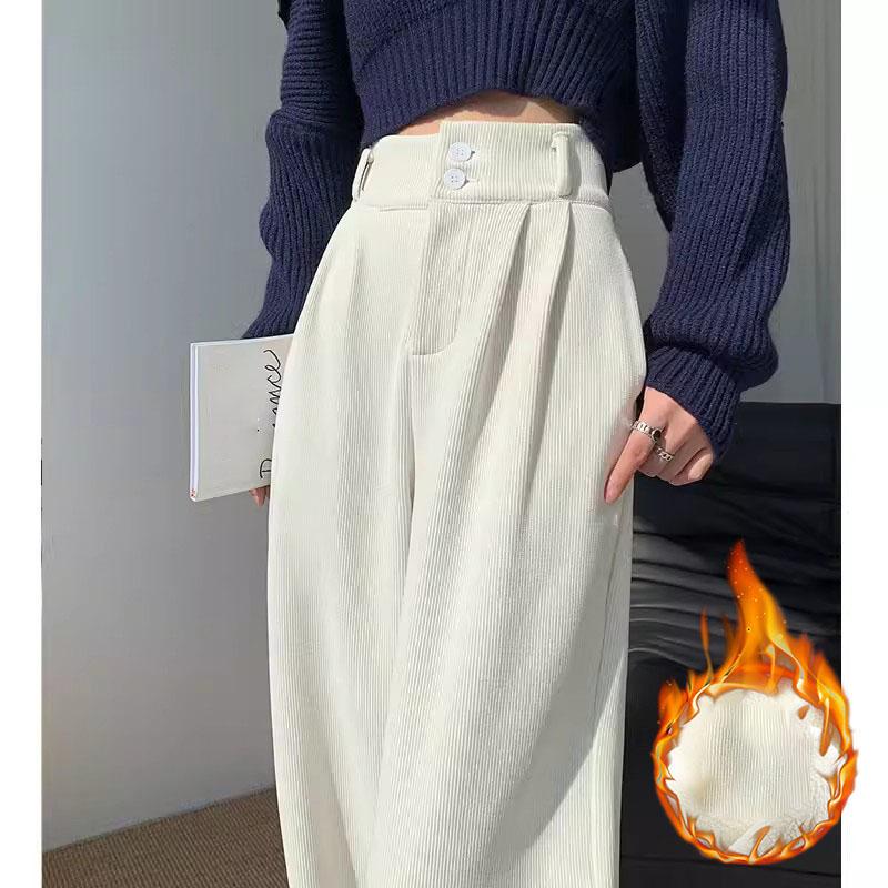 Women Korean High Street Wide Leg Trouser Autumn/winter Thick Warm Women's Pant Fashion Corduroy Loose Button Trouser