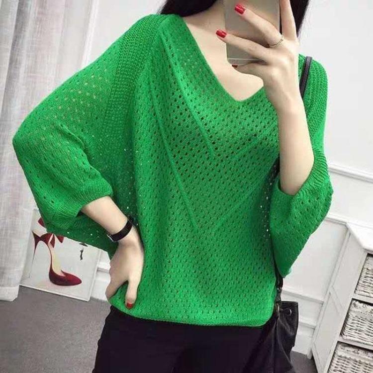 Women's Hollowed Out Mesh Cover Ice Silk Knitted Sweater V-neck Loose Top Stylish New Summer Outfit