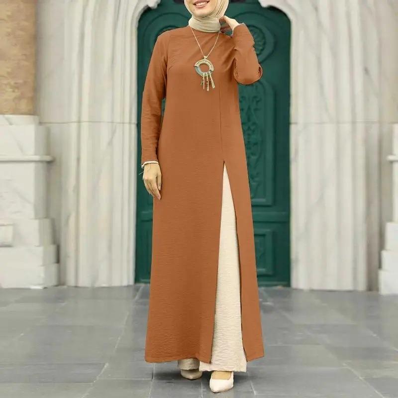 Muslim women's clothing ice silk wrinkled long sleeves high split hem dress solid color intellectual women's robe mid-east wind