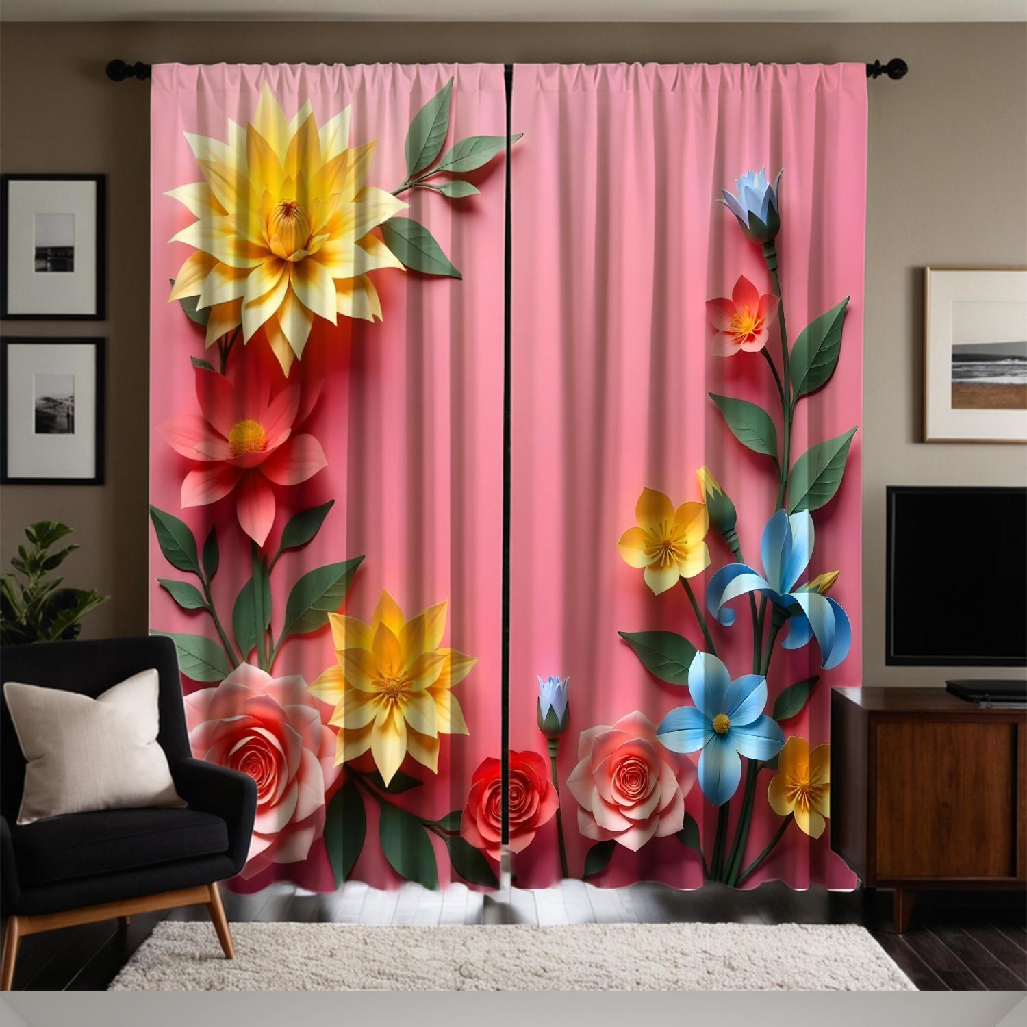 2pcs Vibrant Floral Print Curtains - Pink with Yellow, Red, Blue, Orange & Green Flowers and Leaves, Rod Pocket Design for Easy 60×150cm