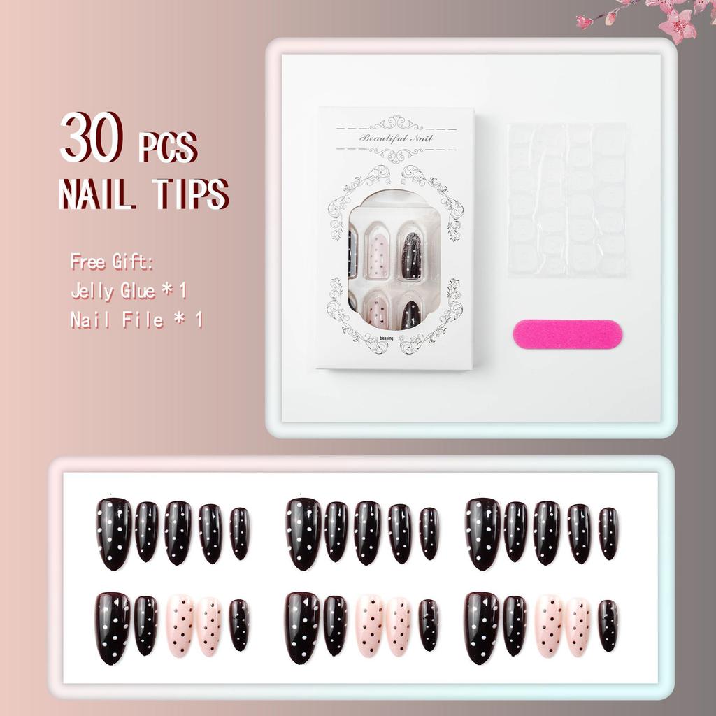 Polka Dot White Almond False Nails - Short Wearable Nail Tips