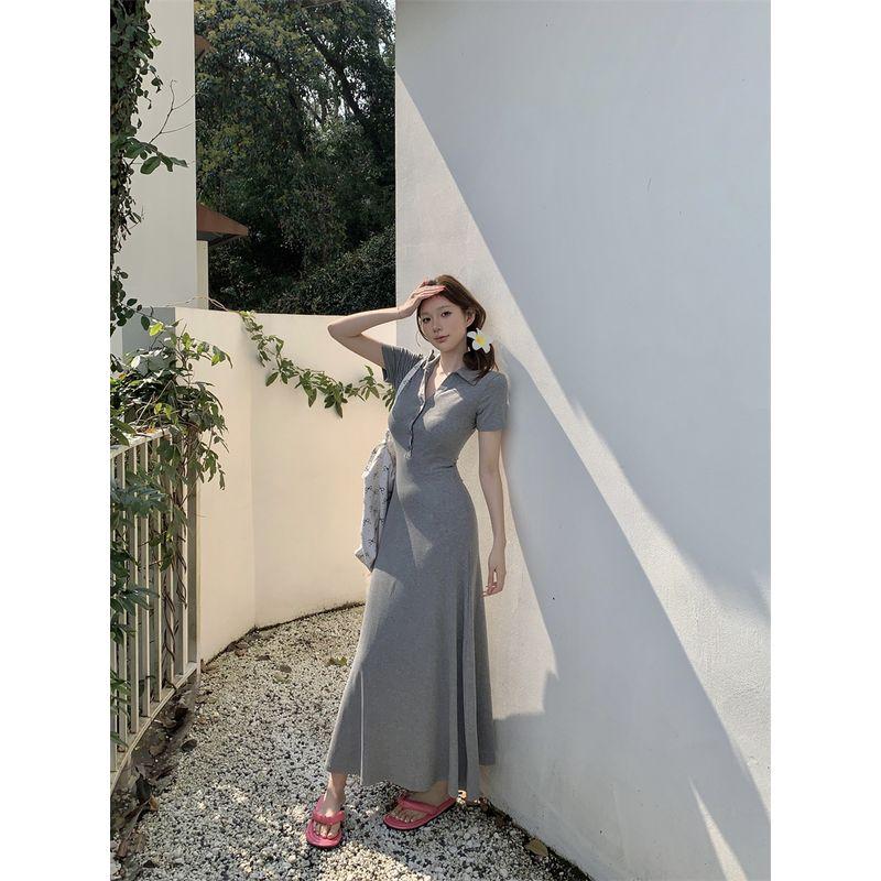

Kumikumi Solid Waist Hugging Slimming Lapel Short sleeve One piece Dress Women clothing Summer Niche Age-Reducing Hip Skirt Long dress Light gray One size