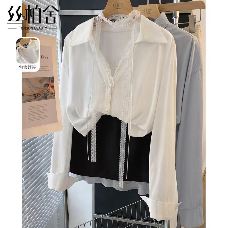 Women s Lyocell Blend Lace Ribbon Lapel Shirt M