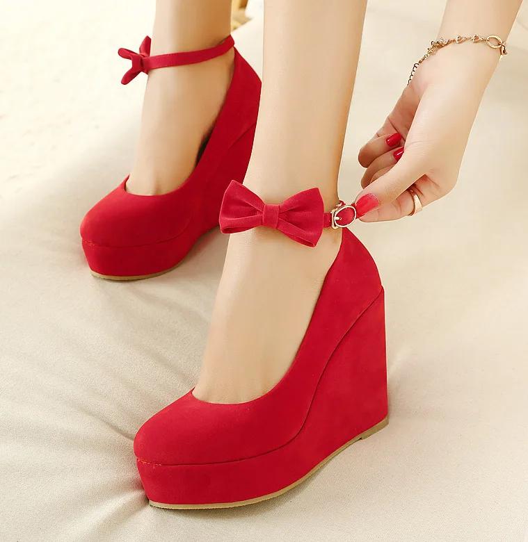 Fashion Dwayne Women High Heels Shoes Plus Size Platform Wedges Female Pumps Elegant Flock Buckle Bowtie Ankle Strap Party Wedding Shoes