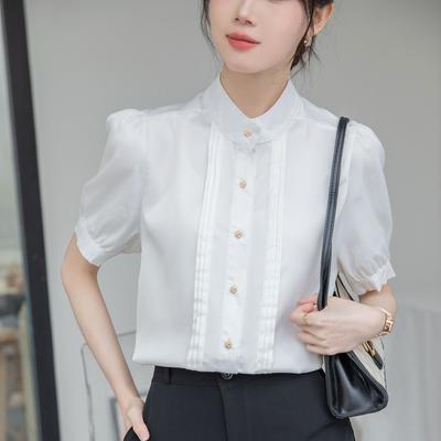 Satin French Stand-up Collar Shirt for Women 2024 New Summer Short-sleeved Professional Commuting White Shirt Petite Top