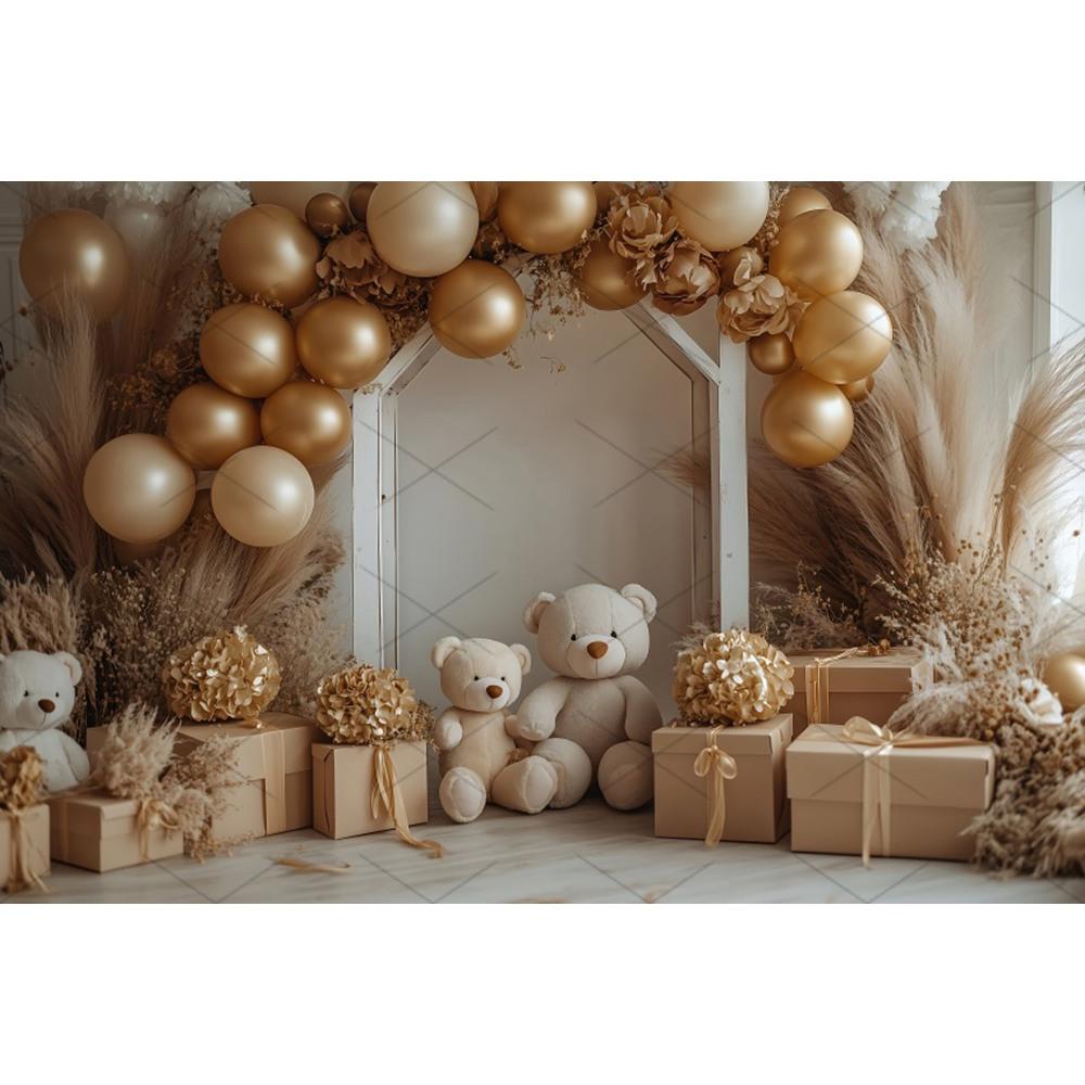Boho Pampas Teddy Bear Photography Background Balloons Arch Tent Decor Cake Smash Baby 1st Birthday Indoor Photocall Backdrops