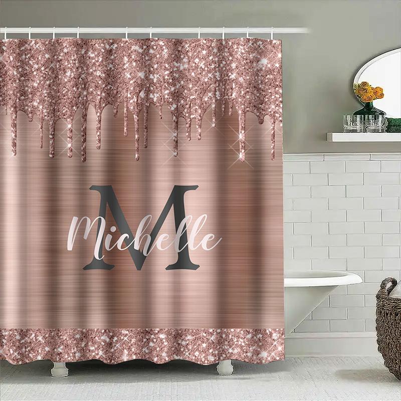 Shower Curtain With Glitter Dripping Design For Bathroom Decor Customizable Name Monogram Available