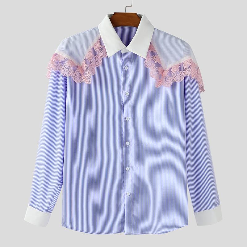 INCERUN Oversized Men Lace Patchwork Lapel Short Sleeve Striped Casual Loose Shirts