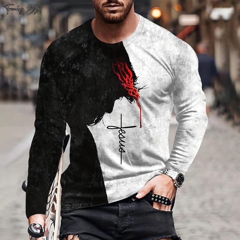 Herren T-Shirts Vintage Patchwork Print Mode Streetwear O-Ausschnitt Grafik T-Shirts Tops Casual Sport Langarm Fitnessstudio Kleidung Männer