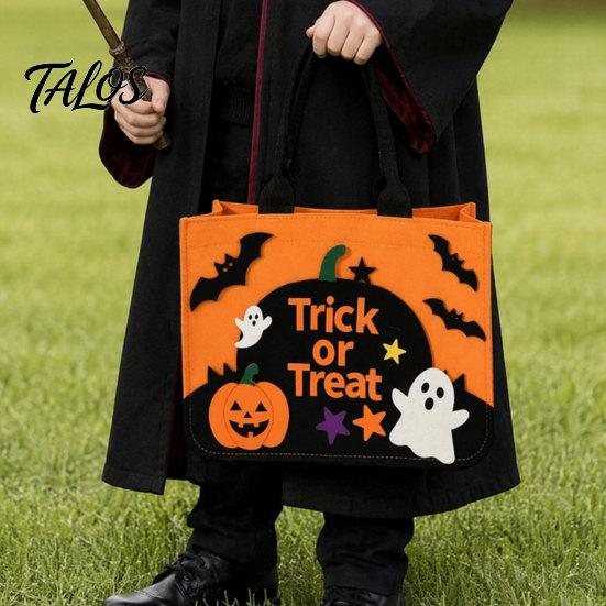 Trick Or Treat Candy Holder Halloween or Bag, Felt Goodie Bag with Pumpkin Ghost Patches, Child-friendly Large Tote for Kids, Party Favor, Haunted
