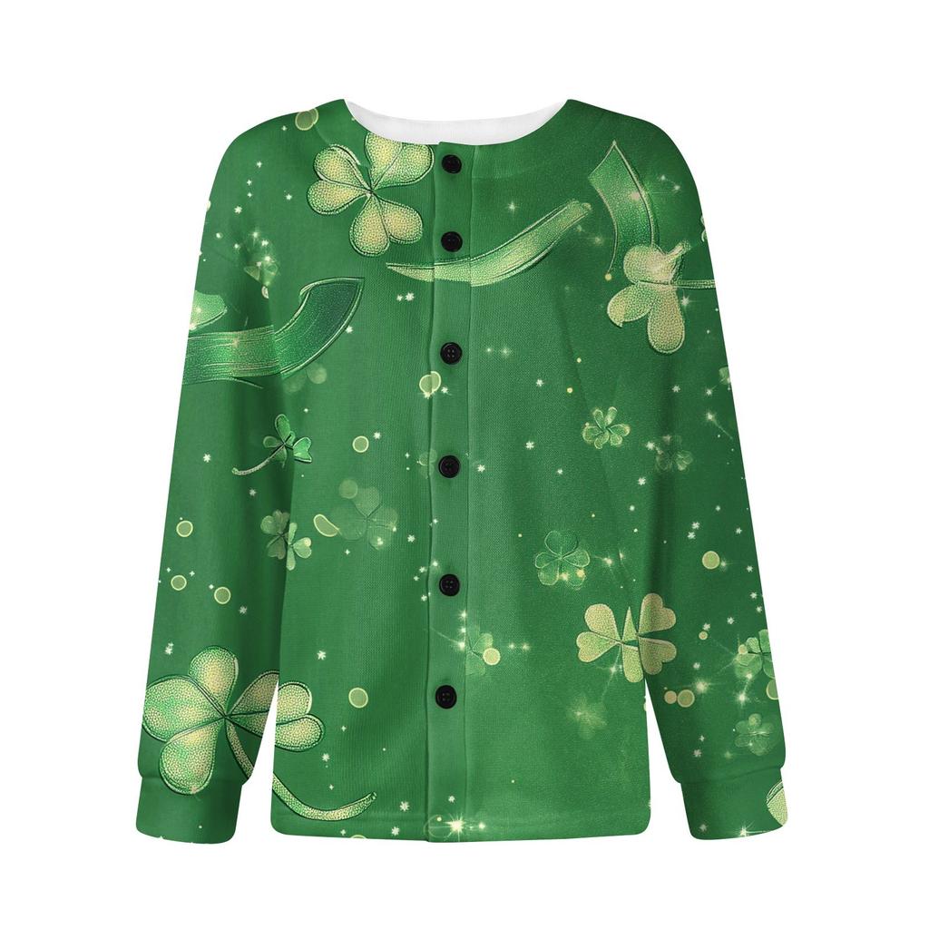 Women's Stylish St. Patrick Print Long Sleeve  Fleece Cardigan Button Jacket