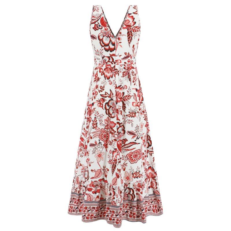 Women V Neck Sleeveless Floral Print Maxi Dress With Border Hem Casual Daily Wear