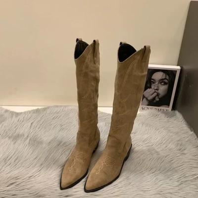Fashion Women Cowboy Boots Fashion Square Low Heel Ladies Elegant Slip On Long Booties Winter Pointed Toe Women's Footwear